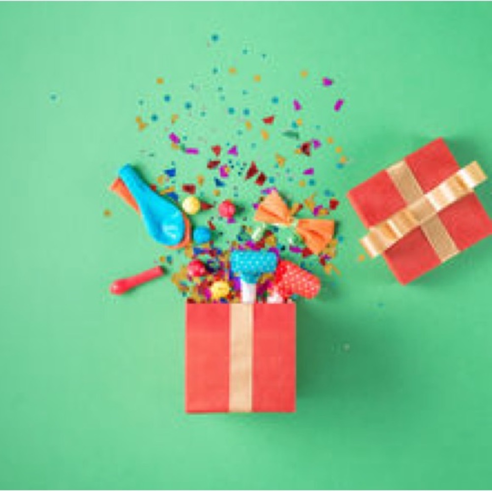 Festive Red Party Gift Box with Colorful Accessories